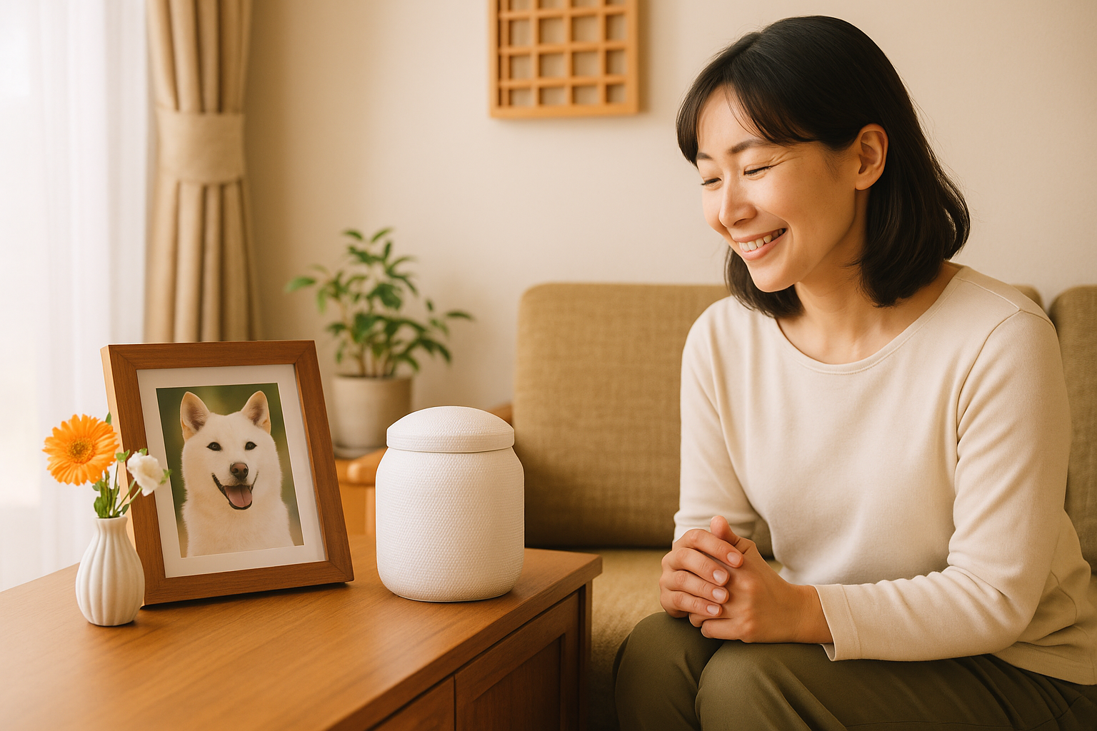 愛犬の骨壺に話しかけている様子