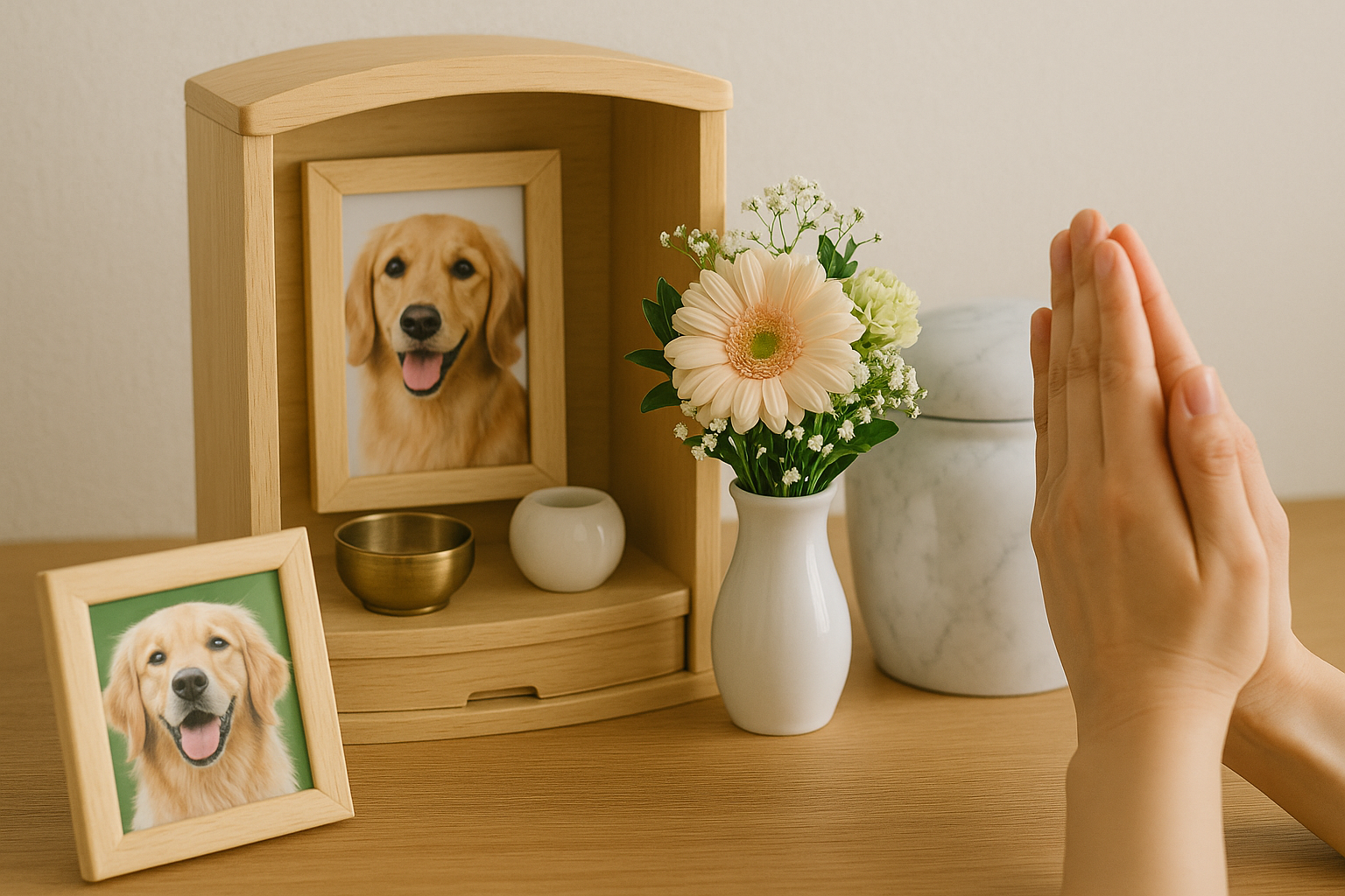 ペットの仏壇で拝む様子