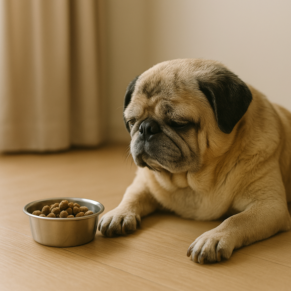 ご飯を前にして固まるパグ犬