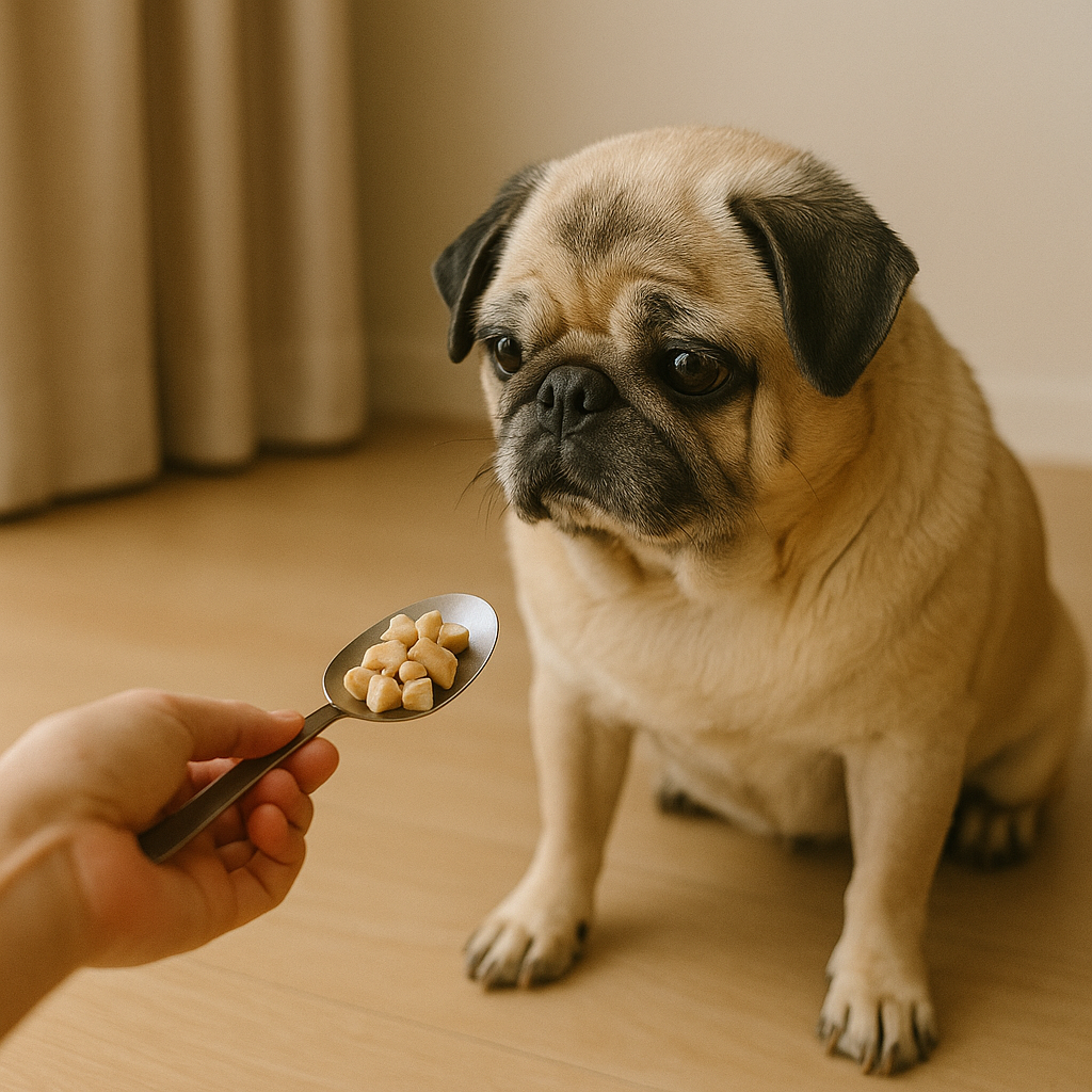 スプーンに乗ったご飯を見つめるパグ犬