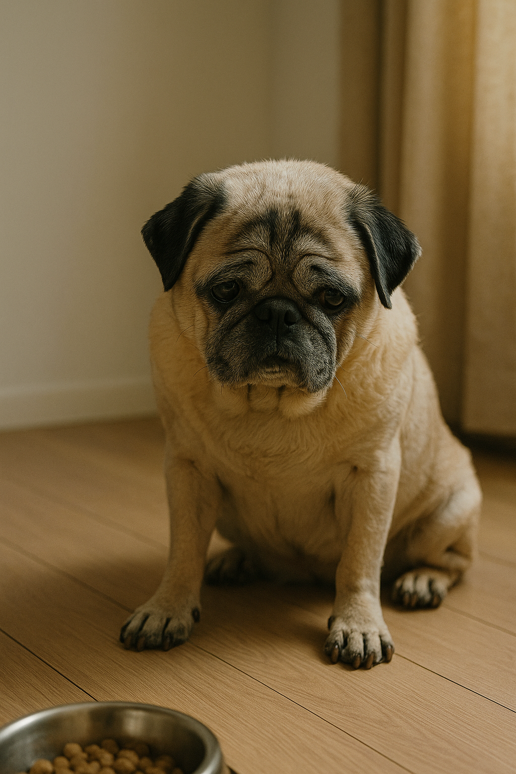 ご飯を食べないパグ犬