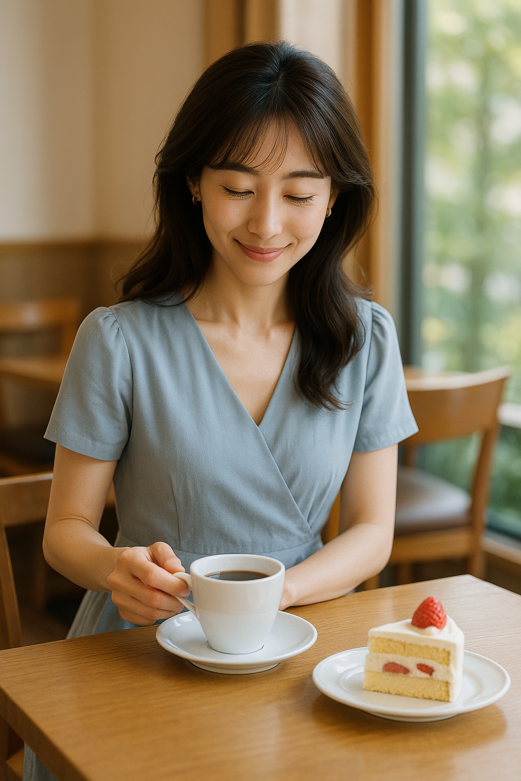 カフェでお茶をしている女性