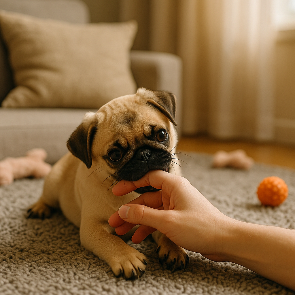 人間の指を噛むパグの子犬