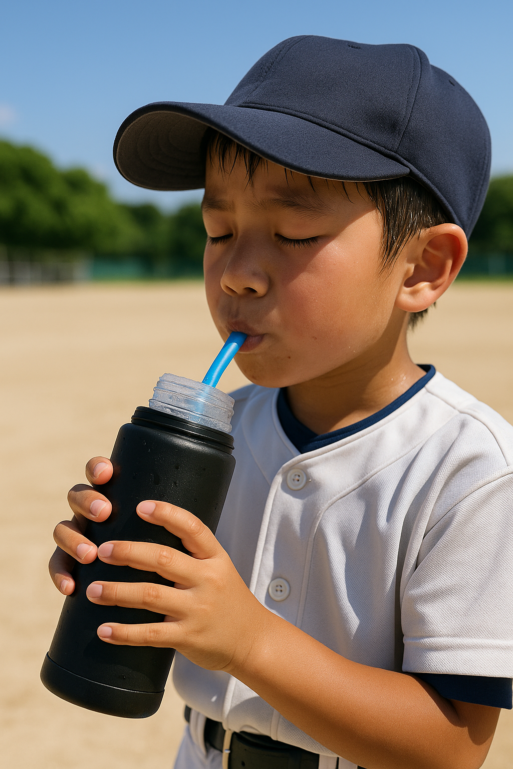 アイスラリーで水分補給をする野球少年
