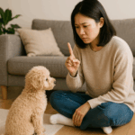 犬のしつけをしている女性