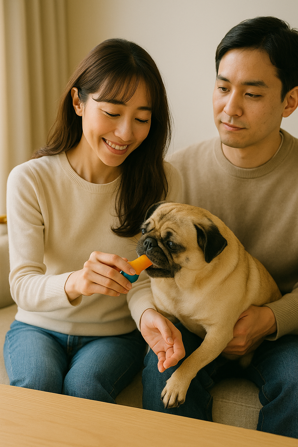 男女の間でおもちゃで遊ぶパグ