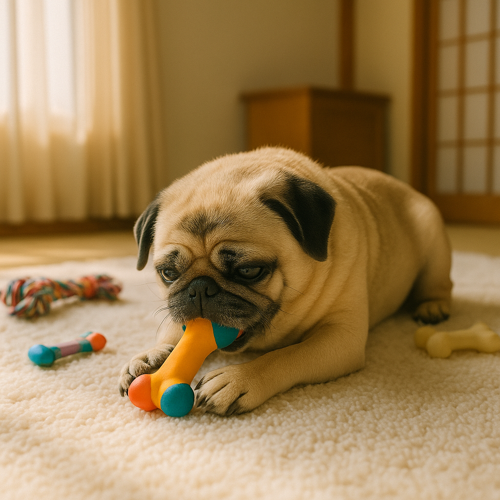 おもちゃで遊ぶパグ