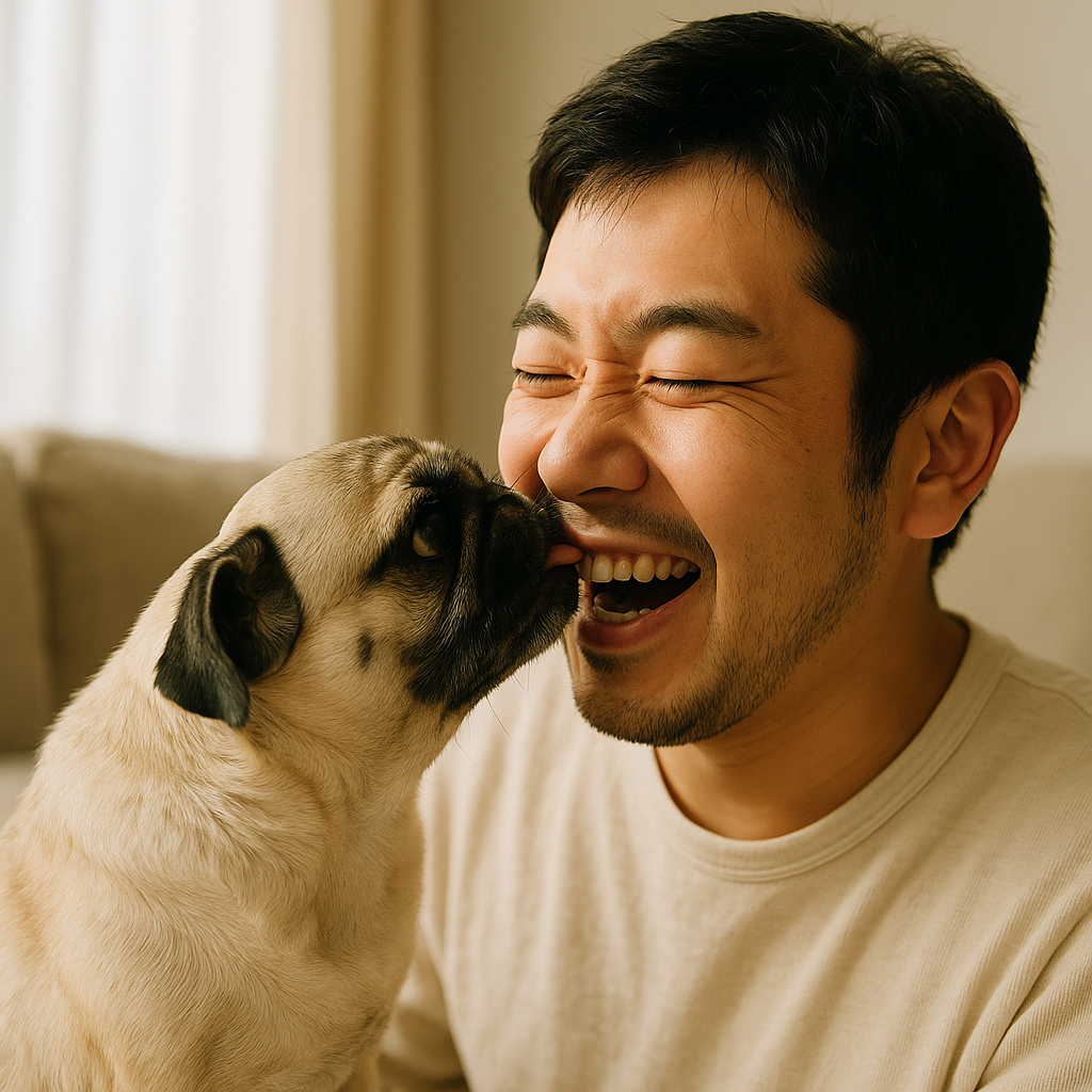人間のか顔をなめるパグ