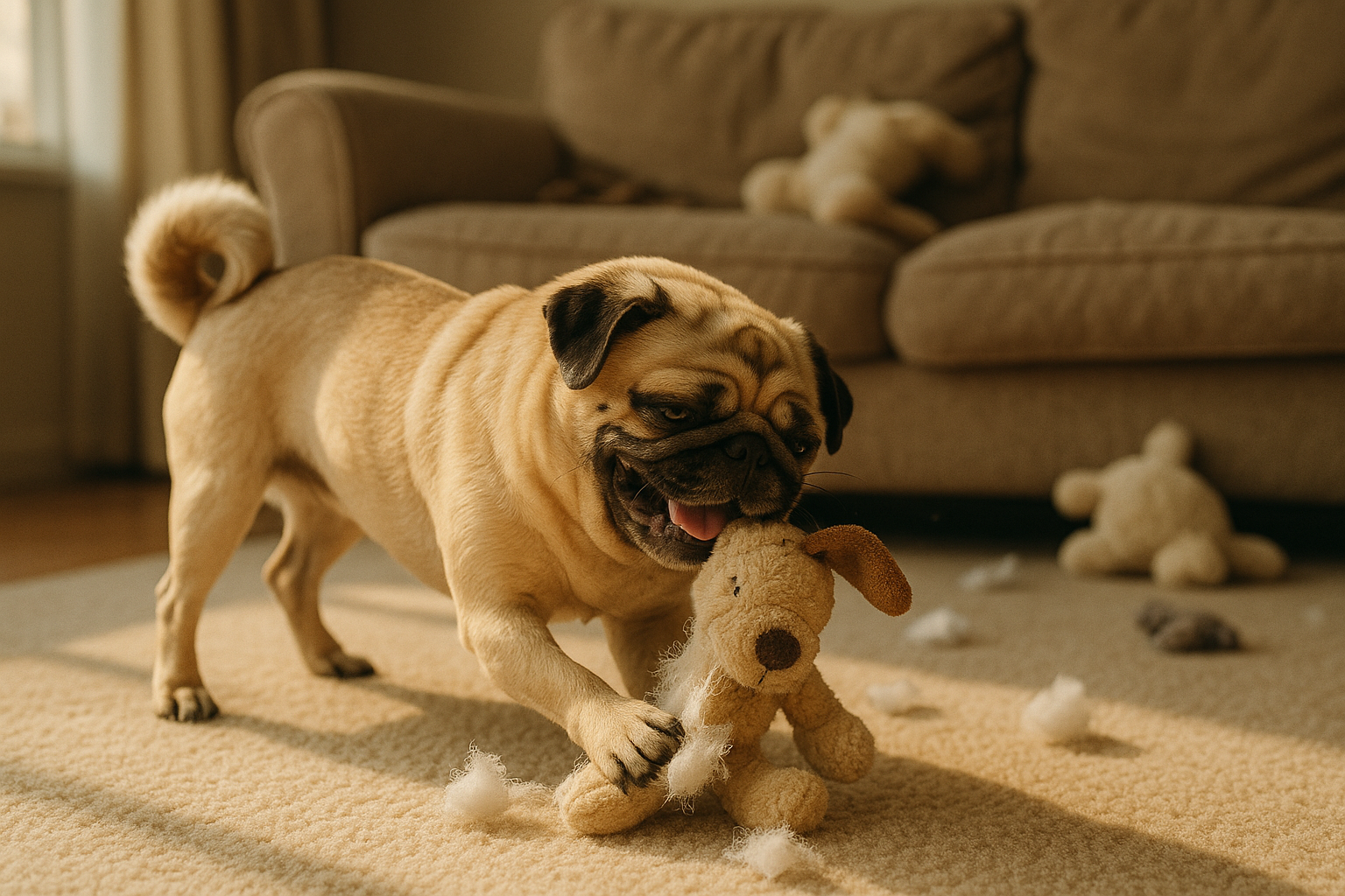 ぬいぐるみを壊すパグ