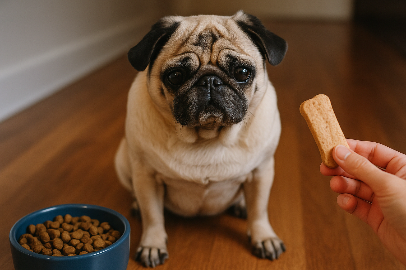 おやつを見つめるパグ犬