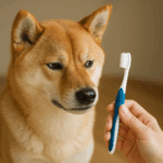 歯ブラシを冷めた表情で見つめる犬