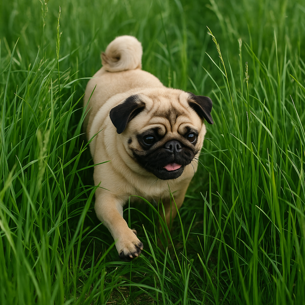 草をかき分けて歩くパグ