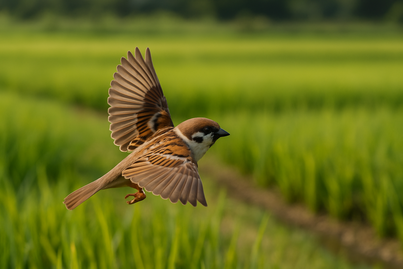 田んぼの上を飛んでいる雀