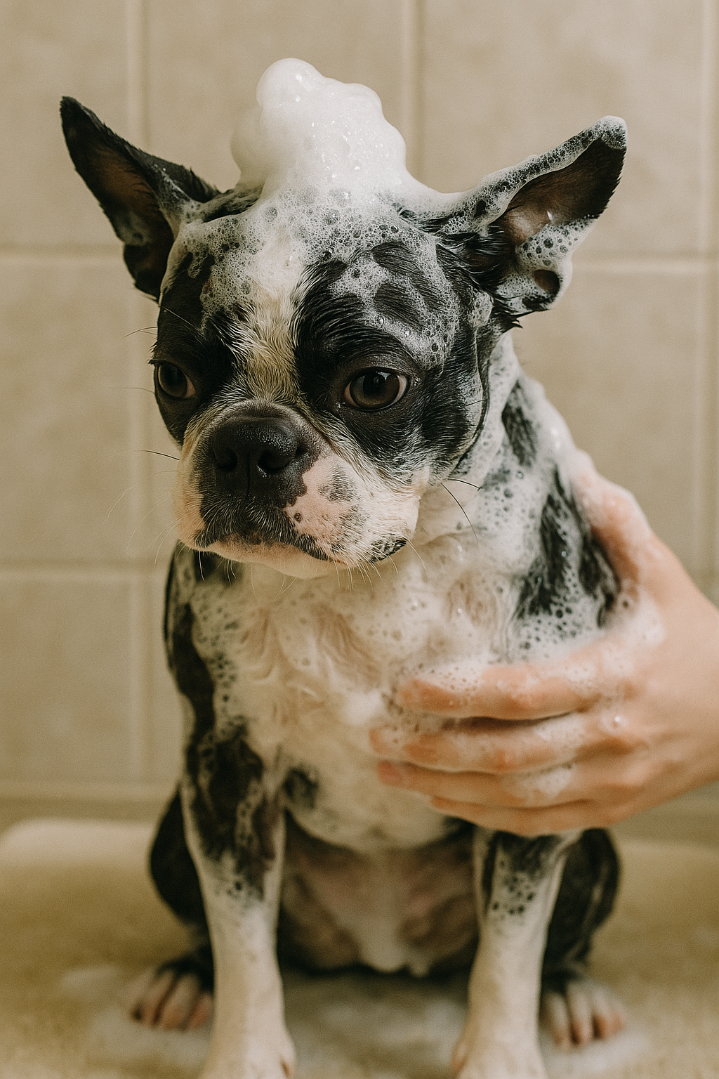 シャンプーされている泡だらけのボストンテリア