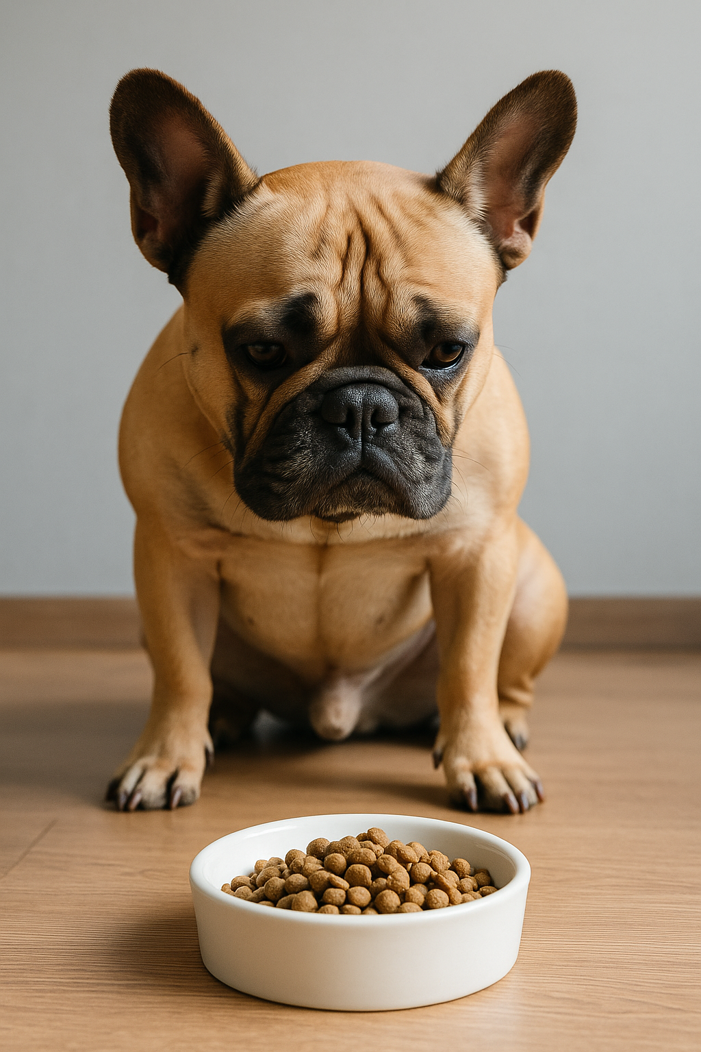 ご飯を目の前にして食べない様子のフレンチブルドック