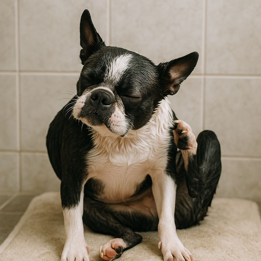 シャンプー後に体を痒がっているボストンテリア