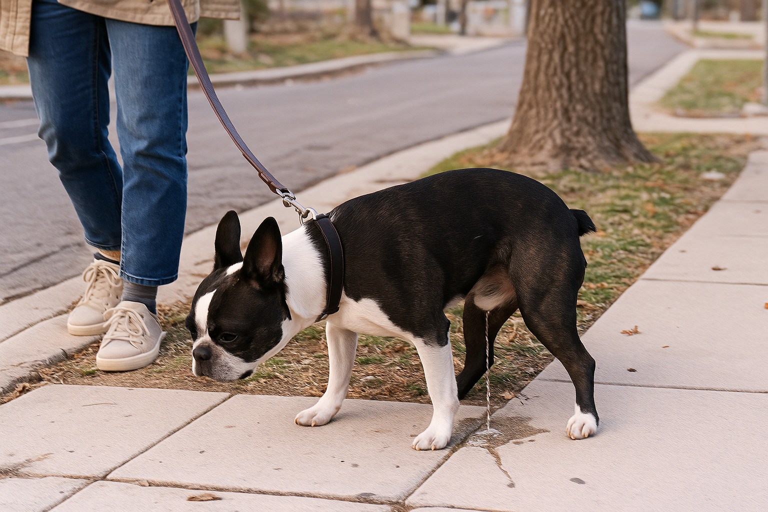 散歩中におしっこをしているボストンテリア