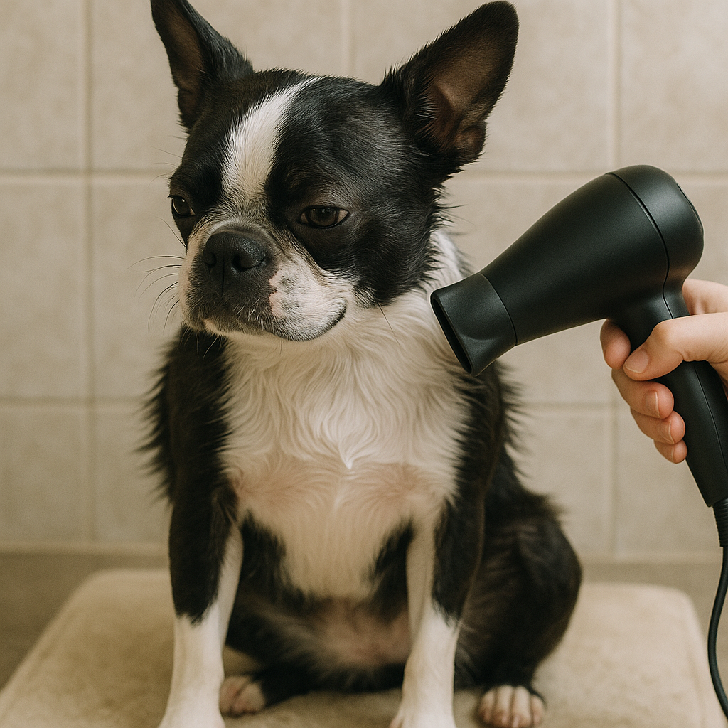 ドライヤーで乾かされているボストンテリア