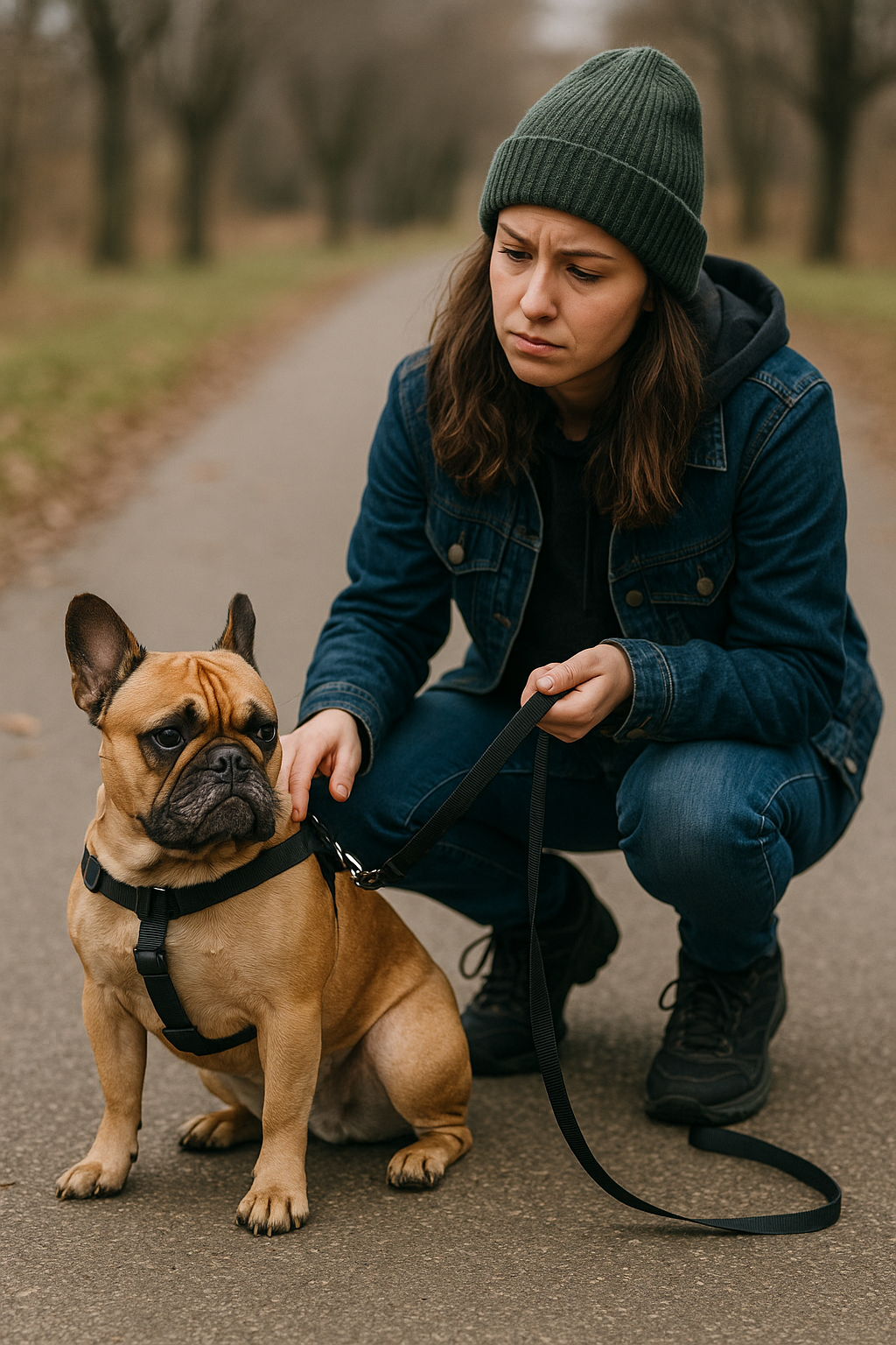 散歩中に歩くのを止めたフレンチブルドック
