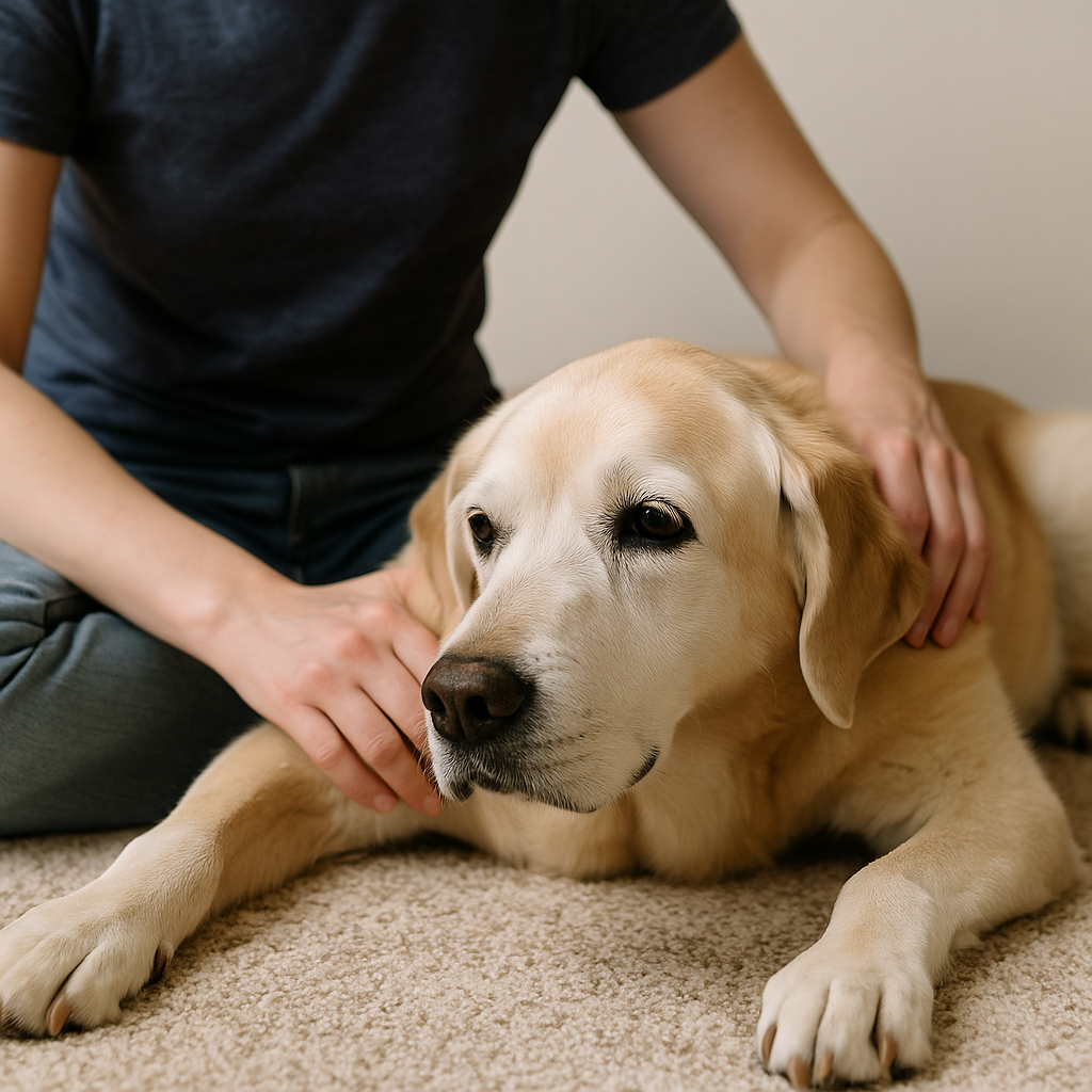マッサージを受けている老犬