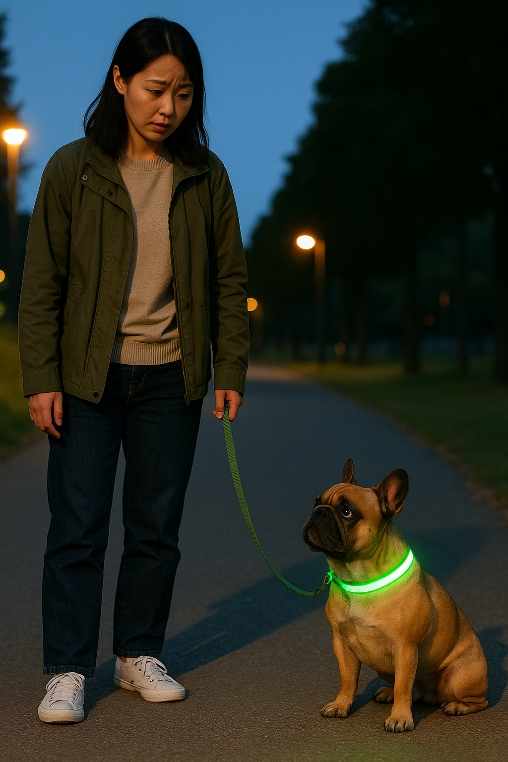 光る首輪をつけて、夜の散歩をしているフレンチブルドック