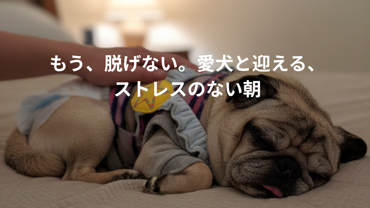 脱げないオムツ 金メダルサスペンダーをつけて安心して眠るパグ