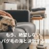 くつろぐパグ犬とパグ毛との戦いに打ち勝った飼い主