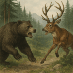 クマと鹿が戦っている様子