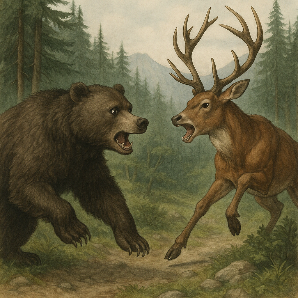クマと鹿が戦っている様子
