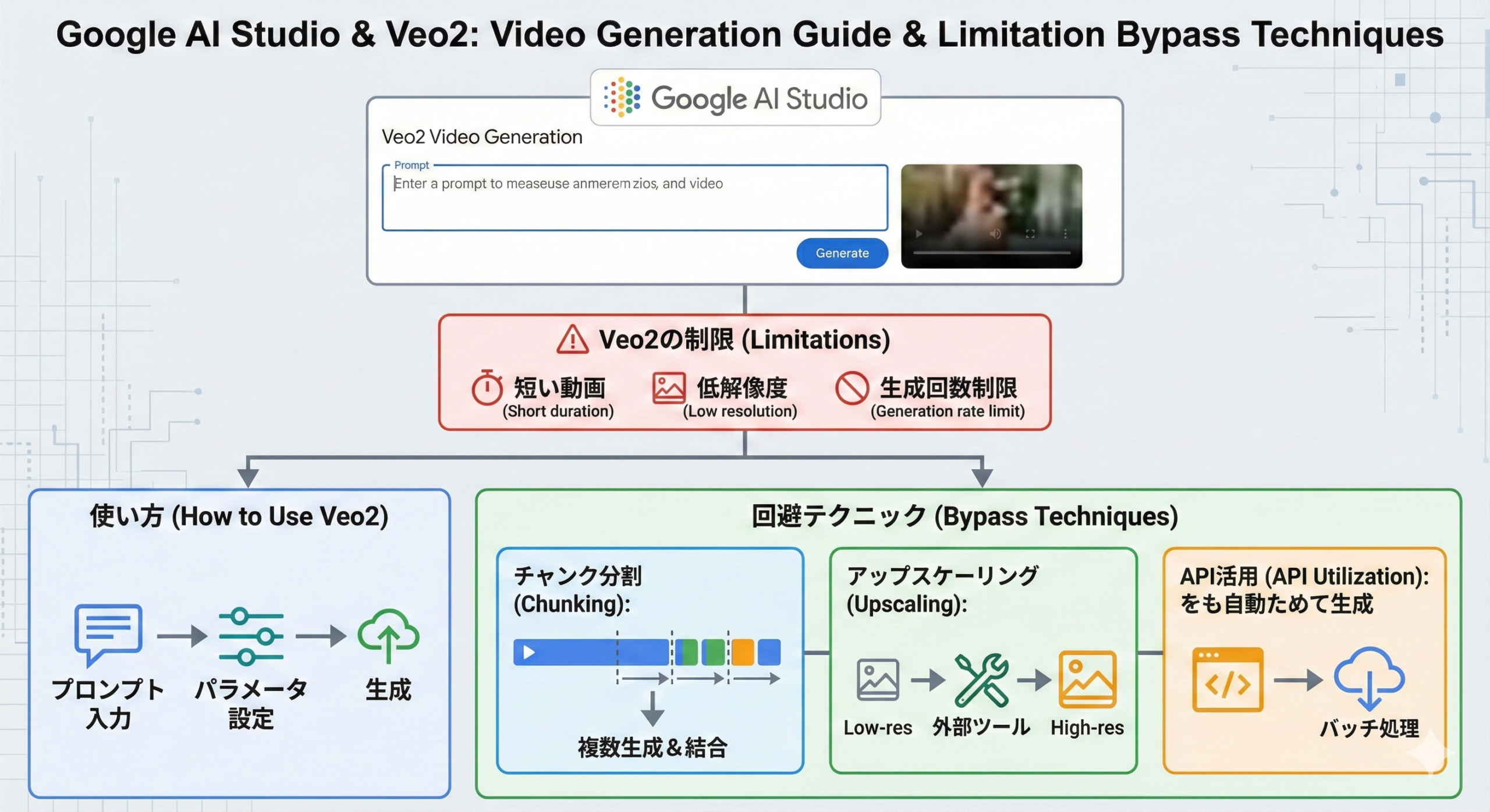 Google AI Studioで動画生成はできる？Veo2の使い方と「制限」の回避テクニックを画像で表現したもの