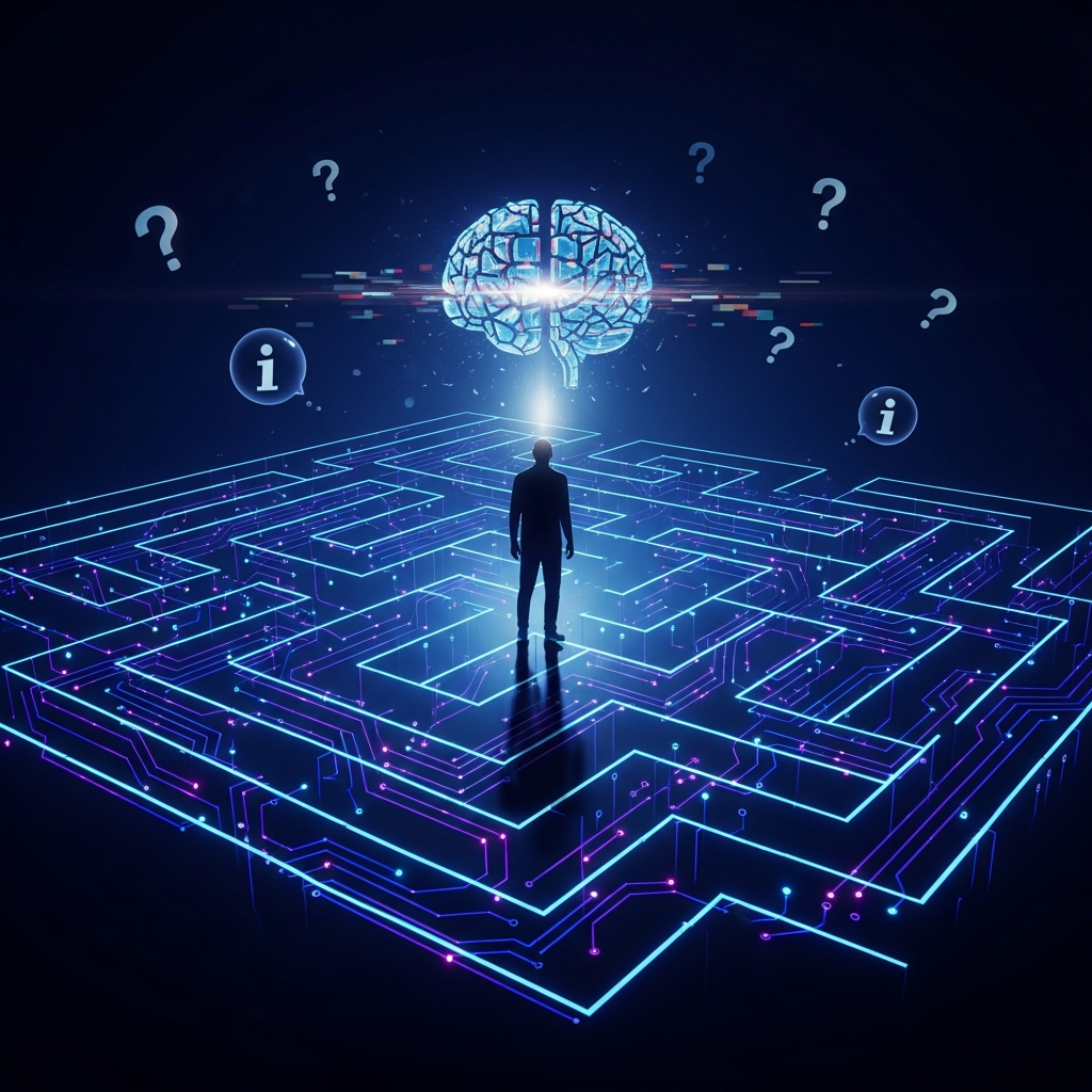 青と紫の光る回路基板でできた複雑な迷路の中心に、1人の人物のシルエットが立っている。 頭上には、断片化した脳のシンボルが浮かび、歪んだ光を放っている。 周囲には「？」マークや情報の泡がふわふわと浮いている。 全体的に知的で、ミステリアスで、少し寂しげな雰囲気。