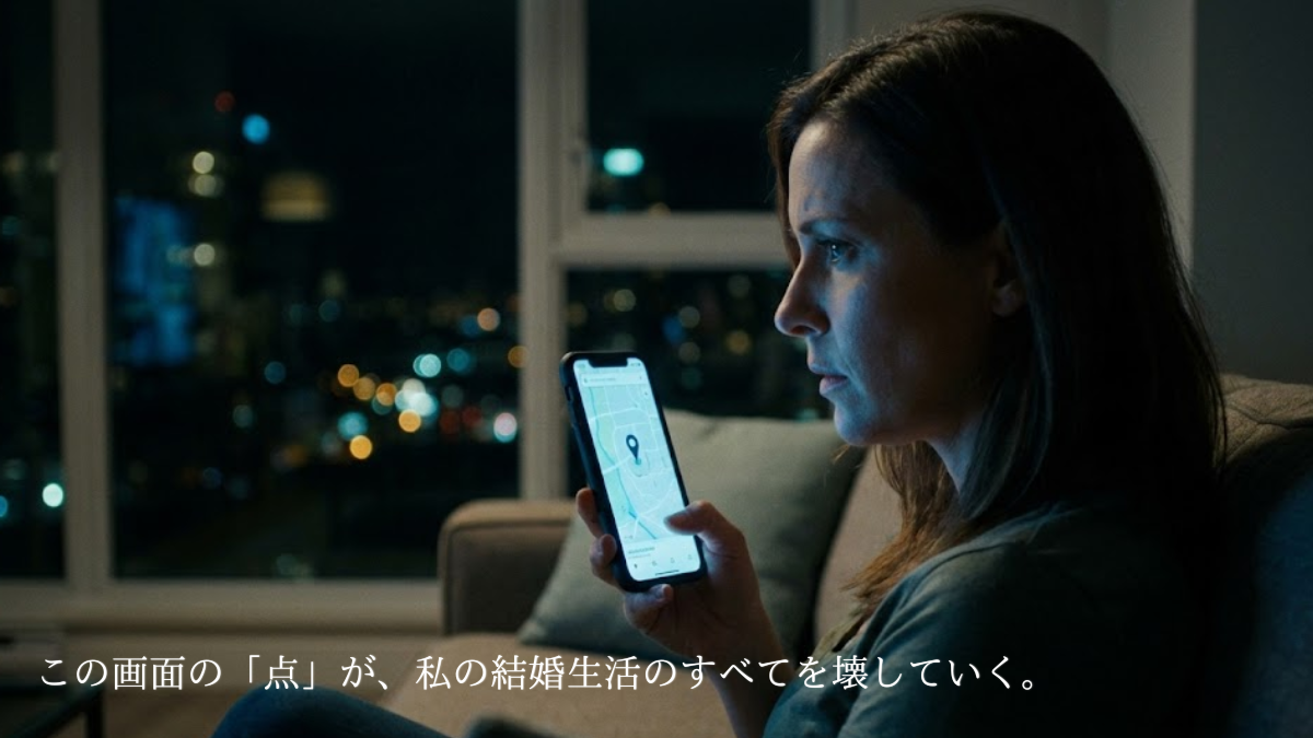 夫の帰りを待つ深夜のリビング。部屋の明かりは消え、窓の外には都会の夜景（夫がいるかもしれない街）がぼんやりと見えています。