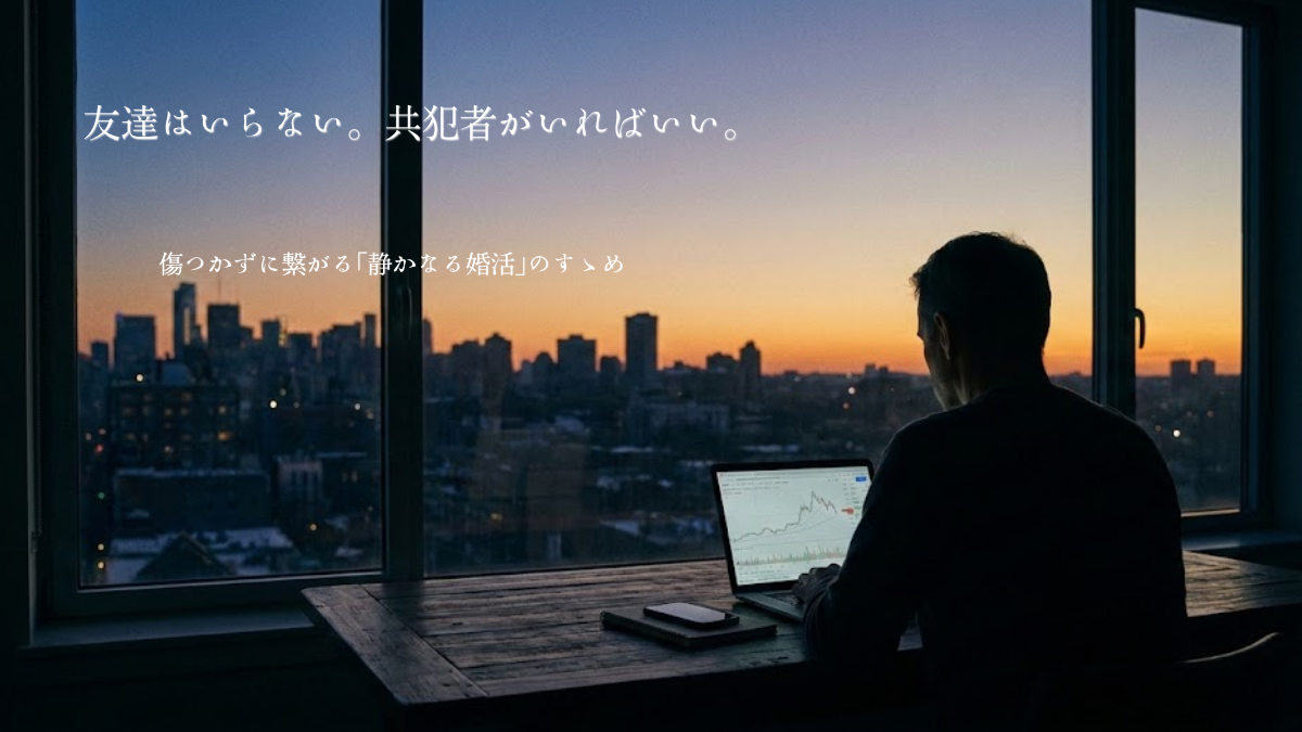 人物は木の机に座っており、金融チャートが表示された開いたノートPC、スマートフォン、ノートが置かれている