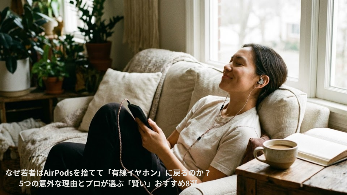 有線イヤホンで音楽を楽しむ女性