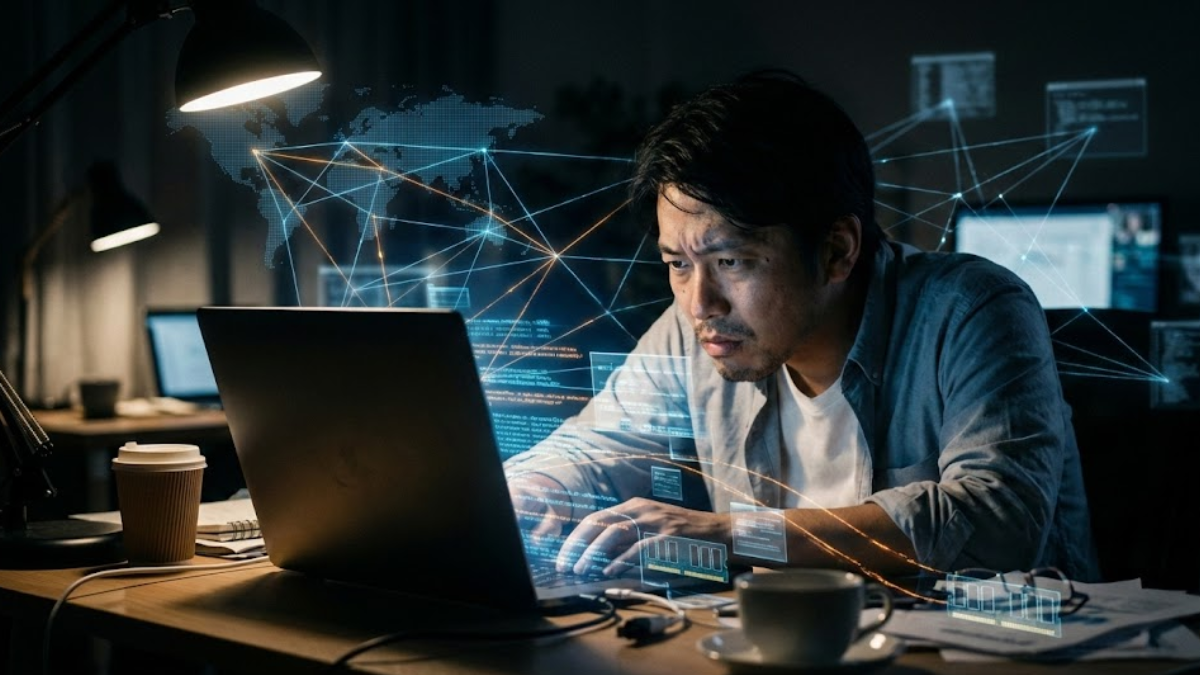 ノートパソコン、困った表情の日本人男性（フリーランサー風）、背後に透けて見える無数のデータ接続線、暗い部屋、モニターの明かり。