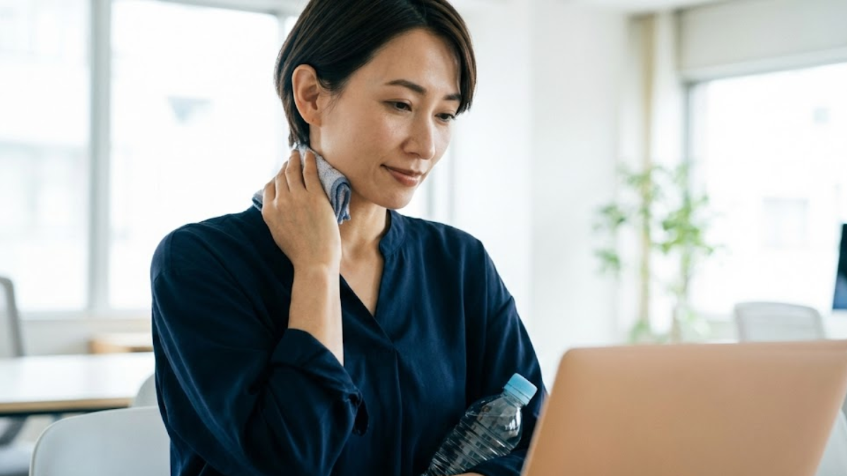 明るくモダンなオフィスで働く、40代または50代の日本人ビジネス女性の自然な写真。彼女は涼しげで落ち着いた表情をしており、ゆったりとしたネイビーのブラウスを着ている。ノートパソコンの画面を見ながら、小さなタオルハンカチ（中に保冷剤が入っていることを示唆）を首の後ろにさりげなく押し当てている。脇の下にはペットボトルの水が挟まれている。雰囲気はプロフェッショナルで快適。