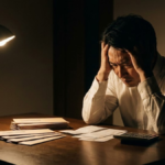 夜、暗い木製のダイニングテーブルに座り、絶望して頭を抱えている40代の日本人男性。テーブルの上には、封筒の山、請求書、電卓。デスクライトの薄暗い暖色の明かり、劇的な影、深刻な雰囲気、財政危機、悲しみ、超リアル、8k、シネマティックライティング。